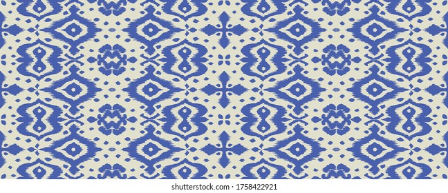 Borde de encaje. Patrón ininterrumpido de Ikat. Huella shibori de tinte vectorial con rayas y chevron. La tinta textura el fondo japonés. Ropa étnica. Moda bohemia. Creativo africano. Alfombra de Damasco. 