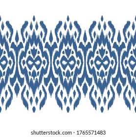 Spitzengrenze. Ikat nahtloses Muster. Vektorbinde Farbe Shibori Druck mit Streifen und Chevron. Tintenfisch strukturierter japanischer Hintergrund. Ethnische Struktur. Böhmische Mode. Afrikanisch kreativ. Damast Teppich.