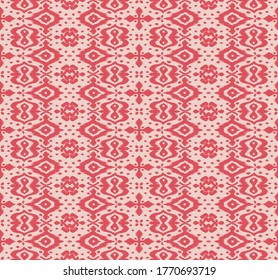Lace border. Ikat seamless pattern. Vector tie dye shibori print with stripes and chevron. Ink textured japanese background. Ethnic fabric. Bohemian fashion. African creative. Damask rug. 