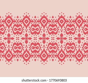 Spitzengrenze. Ikat nahtloses Muster. Vektorbinde Farbe Shibori Druck mit Streifen und Chevron. Tintenfisch strukturierter japanischer Hintergrund. Ethnische Struktur. Böhmische Mode. Afrikanisch kreativ. Damast Teppich. 