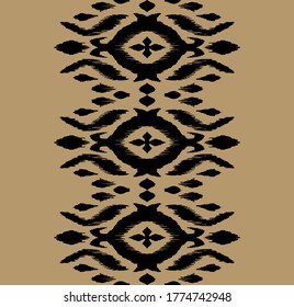 Lace border. Ikat seamless pattern. Vector tie dye shibori print with stripes and chevron. Ink textured japanese background. Ethnic fabric. Bohemian fashion. African creative. Damask rug.