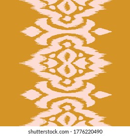 Lace border. Ikat seamless pattern. Vector tie dye shibori print with stripes and chevron. Ink textured japanese background. Ethnic fabric. Bohemian fashion. African creative. Damask rug.