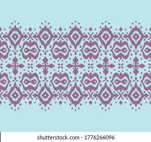 Lace border. Ikat seamless pattern. Vector tie dye shibori print with stripes and chevron. Ink textured japanese background. Ethnic fabric. Bohemian fashion. African creative. Damask rug. 