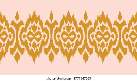 Lace border. Ikat seamless pattern. Vector tie dye shibori print with stripes and chevron. Ink textured japanese background. Ethnic fabric. Bohemian fashion. African creative. Damask rug.