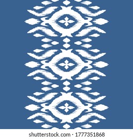 Lace border. Ikat seamless pattern. Vector tie dye shibori print with stripes and chevron. Ink textured japanese background. Ethnic fabric. Bohemian fashion. African creative. Damask rug.