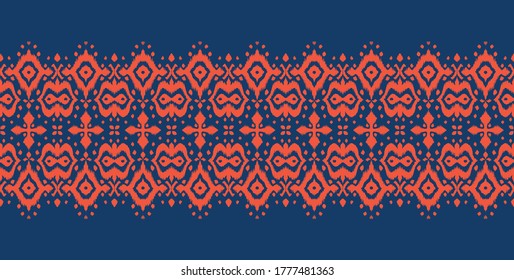 Lace border. Ikat seamless pattern. Vector tie dye shibori print with stripes and chevron. Ink textured japanese background. Ethnic fabric. Bohemian fashion. African creative. Damask rug. 