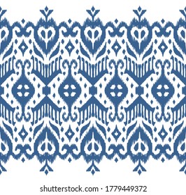 Lace border. Ikat seamless pattern. Vector tie dye shibori print with stripes and chevron. Ink textured japanese background. Ethnic fabric. Bohemian fashion. African creative. Damask rug.
