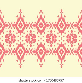 Lace border. Ikat seamless pattern. Vector tie dye shibori print with stripes and chevron. Ink textured japanese background. Ethnic fabric. Bohemian fashion. African creative. Damask rug. 