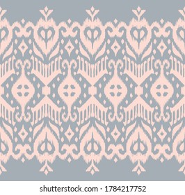Lace border. Ikat seamless pattern. Vector tie dye shibori print with stripes and chevron. Ink textured japanese background. Ethnic fabric. Bohemian fashion. African creative. Damask rug.