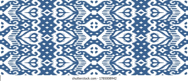 Spitzengrenze. Ikat nahtloses Muster. Vektorbinde Farbe Shibori Druck mit Streifen und Chevron. Tintenfisch strukturierter japanischer Hintergrund. Ethnische Struktur. Böhmische Mode. Afrikanisch kreativ. Damast Teppich.