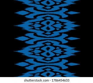 Lace border. Ikat seamless pattern. Vector tie dye shibori print with stripes and chevron. Ink textured japanese background. Ethnic fabric. Bohemian fashion. African creative. Damask rug.