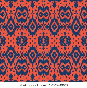 Lace border. Ikat seamless pattern. Vector tie dye shibori print with stripes and chevron. Ink textured japanese background. Ethnic fabric. Bohemian fashion. African creative. Damask rug. 