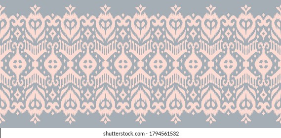 Lace border. Ikat seamless pattern. Vector tie dye shibori print with stripes and chevron. Ink textured japanese background. Ethnic fabric. Bohemian fashion. African creative. Damask rug.