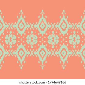 Lace border. Ikat seamless pattern. Vector tie dye shibori print with stripes and chevron. Ink textured japanese background. Ethnic fabric. Bohemian fashion. African creative. Damask rug. 