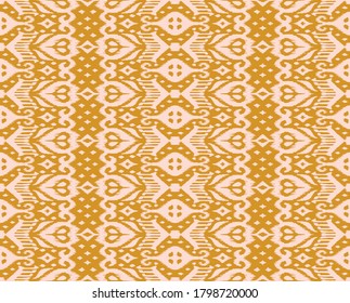 Lace border. Ikat seamless pattern. Vector tie dye shibori print with stripes and chevron. Ink textured japanese background. Ethnic fabric. Bohemian fashion. African creative. Damask rug.