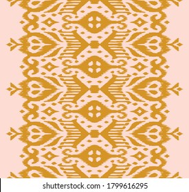 Spitzengrenze. Ikat nahtloses Muster. Vektorbinde Farbe Shibori Druck mit Streifen und Chevron. Tintenfisch strukturierter japanischer Hintergrund. Ethnische Struktur. Böhmische Mode. Afrikanisch kreativ. Damast Teppich.