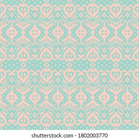 Lace border. Ikat seamless pattern. Vector tie dye shibori print with stripes and chevron. Ink textured japanese background. Ethnic fabric. Bohemian fashion. African creative. Damask rug.