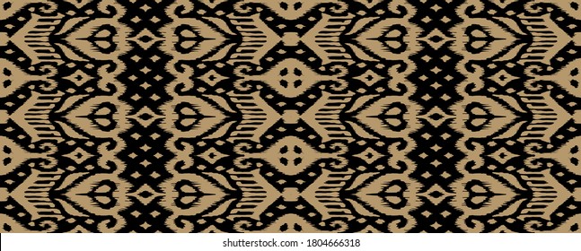 Lace border. Ikat seamless pattern. Vector tie dye shibori print with stripes and chevron. Ink textured japanese background. Ethnic fabric. Bohemian fashion. African creative. Damask rug.