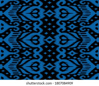 Lace border. Ikat seamless pattern. Vector tie dye shibori print with stripes and chevron. Ink textured japanese background. Ethnic fabric. Bohemian fashion. African creative. Damask rug.