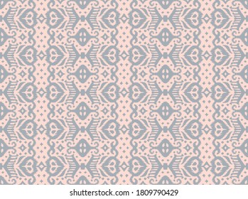 Lace border. Ikat seamless pattern. Vector tie dye shibori print with stripes and chevron. Ink textured japanese background. Ethnic fabric. Bohemian fashion. African creative. Damask rug.