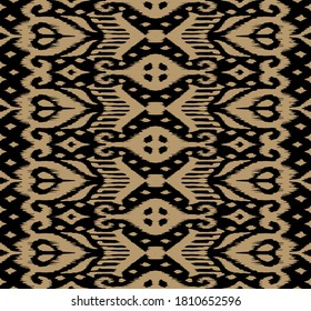 Spitzengrenze. Ikat nahtloses Muster. Vektorbinde Farbe Shibori Druck mit Streifen und Chevron. Tintenfisch strukturierter japanischer Hintergrund. Ethnische Struktur. Böhmische Mode. Afrikanisch kreativ. Damast Teppich.
