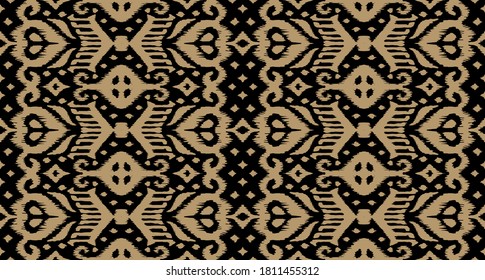 Lace border. Ikat seamless pattern. Vector tie dye shibori print with stripes and chevron. Ink textured japanese background. Ethnic fabric. Bohemian fashion. African creative. Damask rug.