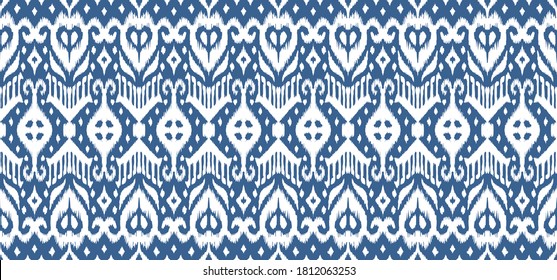 Lace border. Ikat seamless pattern. Vector tie dye shibori print with stripes and chevron. Ink textured japanese background. Ethnic fabric. Bohemian fashion. African creative. Damask rug.