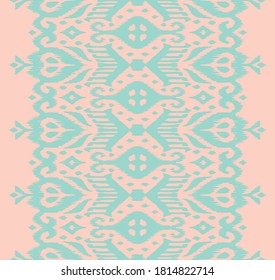 Borde de encaje. Patrón ininterrumpido de Ikat. Huella shibori de tinte vectorial con rayas y chevron. La tinta textura el fondo japonés. Ropa étnica. Moda bohemia. Creativo africano. Alfombra de Damasco.