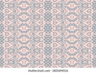 Lace border. Ikat seamless pattern. Vector tie dye shibori print with stripes and chevron. Ink textured japanese background. Ethnic fabric. Bohemian fashion. African creative. Damask rug.