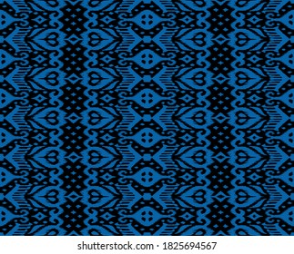 Lace border. Ikat seamless pattern. Vector tie dye shibori print with stripes and chevron. Ink textured japanese background. Ethnic fabric. Bohemian fashion. African creative. Damask rug.