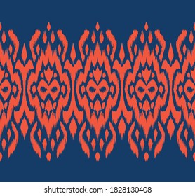 Borde de encaje. Patrón ininterrumpido de Ikat. Huella shibori de tinte vectorial con rayas y chevron. La tinta textura el fondo japonés. Ropa étnica. Moda bohemia. Creativo africano. Alfombra de Damasco.