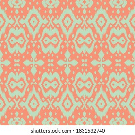 Lace border. Ikat seamless pattern. Vector tie dye shibori print with stripes and chevron. Ink textured japanese background. Ethnic fabric. Bohemian fashion. African creative. Damask rug. 