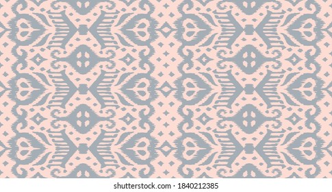 Lace border. Ikat seamless pattern. Vector tie dye shibori print with stripes and chevron. Ink textured japanese background. Ethnic fabric. Bohemian fashion. African creative. Damask rug.