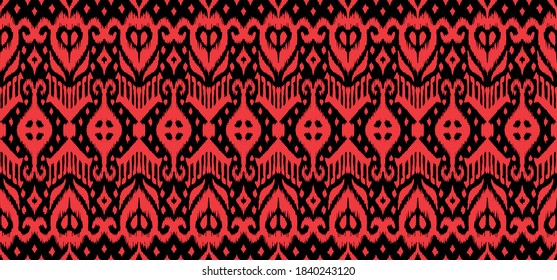 Lace border. Ikat seamless pattern. Vector tie dye shibori print with stripes and chevron. Ink textured japanese background. Ethnic fabric. Bohemian fashion. African creative. Damask rug.