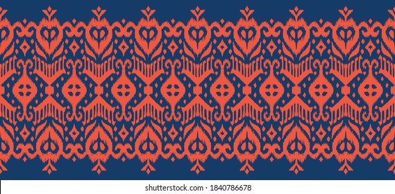 Lace border. Ikat seamless pattern. Vector tie dye shibori print with stripes and chevron. Ink textured japanese background. Ethnic fabric. Bohemian fashion. African creative. Damask rug.