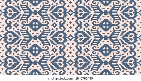 Lace border. Ikat seamless pattern. Vector tie dye shibori print with stripes and chevron. Ink textured japanese background. Ethnic fabric. Bohemian fashion. African creative. Damask rug.