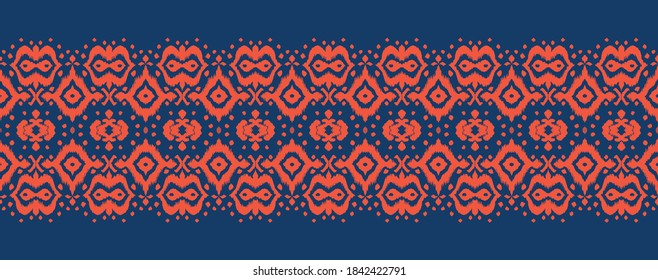 Lace border. Ikat seamless pattern. Vector tie dye shibori print with stripes and chevron. Ink textured japanese background. Ethnic fabric. Bohemian fashion. African creative. Damask rug. 