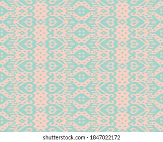 Lace border. Ikat seamless pattern. Vector tie dye shibori print with stripes and chevron. Ink textured japanese background. Ethnic fabric. Bohemian fashion. African creative. Damask rug.