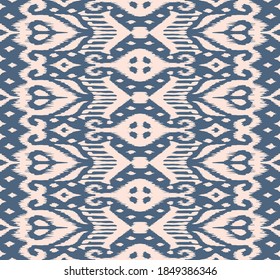 Spitzengrenze. Ikat nahtloses Muster. Vektorbinde Farbe Shibori Druck mit Streifen und Chevron. Tintenfisch strukturierter japanischer Hintergrund. Ethnische Struktur. Böhmische Mode. Afrikanisch kreativ. Damast Teppich.