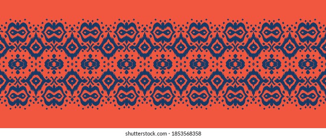 Borde de encaje. Patrón ininterrumpido de Ikat. Huella shibori de tinte vectorial con rayas y chevron. La tinta textura el fondo japonés. Ropa étnica. Moda bohemia. Creativo africano. Alfombra de Damasco. 