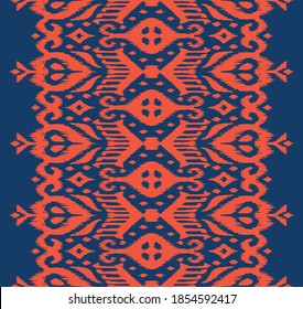 Lace border. Ikat seamless pattern. Vector tie dye shibori print with stripes and chevron. Ink textured japanese background. Ethnic fabric. Bohemian fashion. African creative. Damask rug.