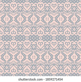 Lace border. Ikat seamless pattern. Vector tie dye shibori print with stripes and chevron. Ink textured japanese background. Ethnic fabric. Bohemian fashion. African creative. Damask rug.