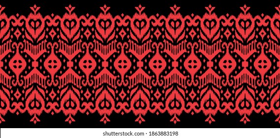 Spitzengrenze. Ikat nahtloses Muster. Vektorbinde Farbe Shibori Druck mit Streifen und Chevron. Tintenfisch strukturierter japanischer Hintergrund. Ethnische Struktur. Böhmische Mode. Afrikanisch kreativ. Damast Teppich.