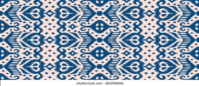 Lace border. Ikat seamless pattern. Vector tie dye shibori print with stripes and chevron. Ink textured japanese background. Ethnic fabric. Bohemian fashion. African creative. Damask rug.