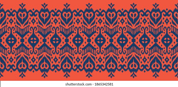 Spitzengrenze. Ikat nahtloses Muster. Vektorbinde Farbe Shibori Druck mit Streifen und Chevron. Tintenfisch strukturierter japanischer Hintergrund. Ethnische Struktur. Böhmische Mode. Afrikanisch kreativ. Damast Teppich.