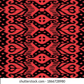Lace border. Ikat seamless pattern. Vector tie dye shibori print with stripes and chevron. Ink textured japanese background. Ethnic fabric. Bohemian fashion. African creative. Damask rug.