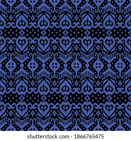 Lace border. Ikat seamless pattern. Vector tie dye shibori print with stripes and chevron. Ink textured japanese background. Ethnic fabric. Bohemian fashion. African creative. Damask rug.