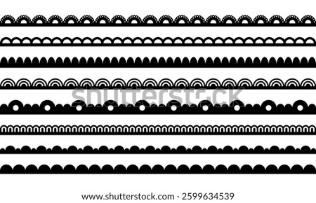 Lace border with scallop. Edge pattern for frame. Stripe of fabric with ornament. Black vector set of lines isolated on white background.