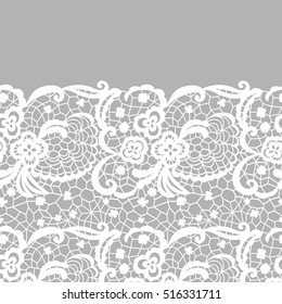 Lace border. Vector illustration. White lacy vintage elegant trim.