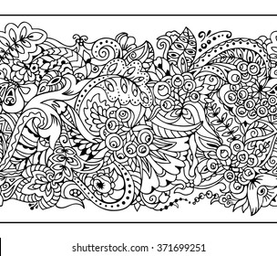 Lace Borders. Horizontal Seamless Pattern in Zentangle style.Isolated vector illustration.Coloring page 